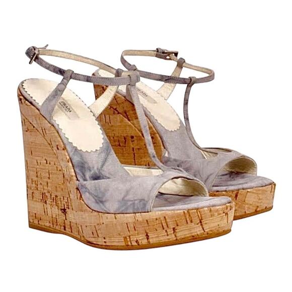 Prada Tie Dye Light Blue Suede Tan Cork Wedge Sandals Ankle Espadrilles 38 - Picture 1 of 13